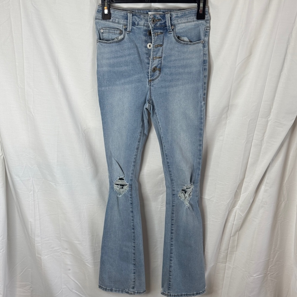True Craft Light Blue High-Rise Distressed Flare Jeans